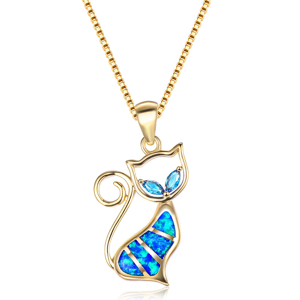 Two aqua diamond and blue Opal cat pendant necklace