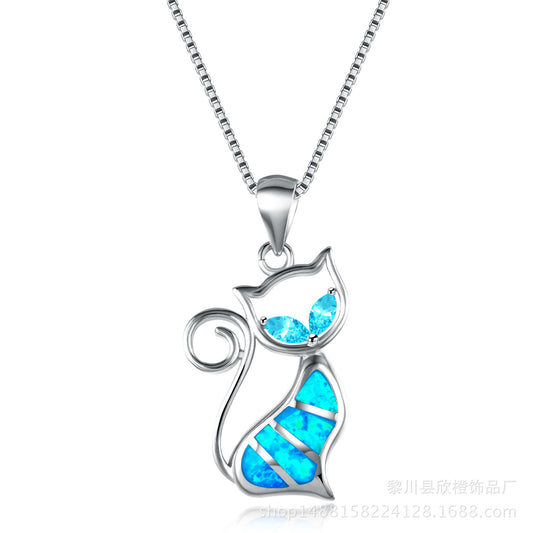Two aqua diamond and blue Opal cat pendant necklace