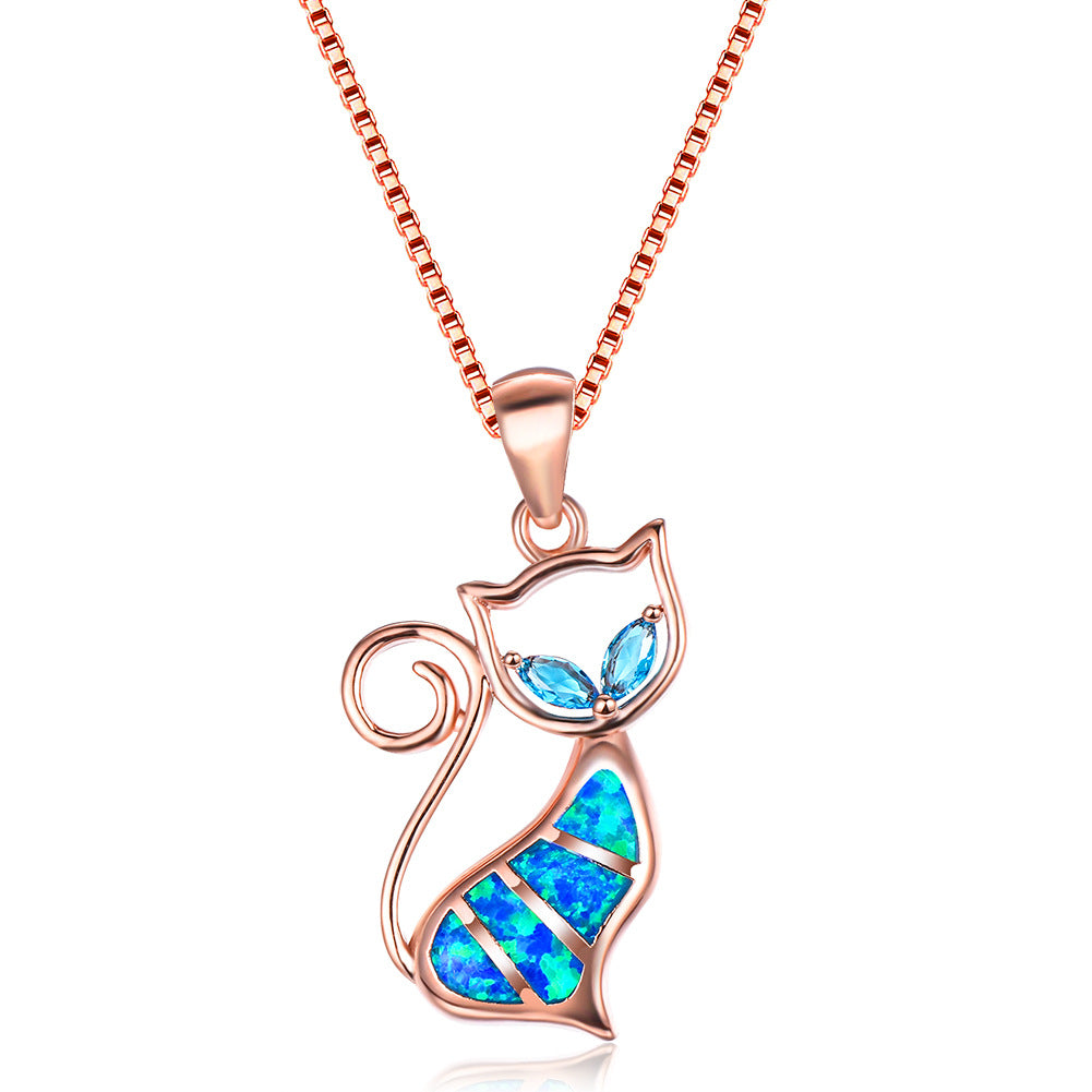 Two aqua diamond and blue Opal cat pendant necklace