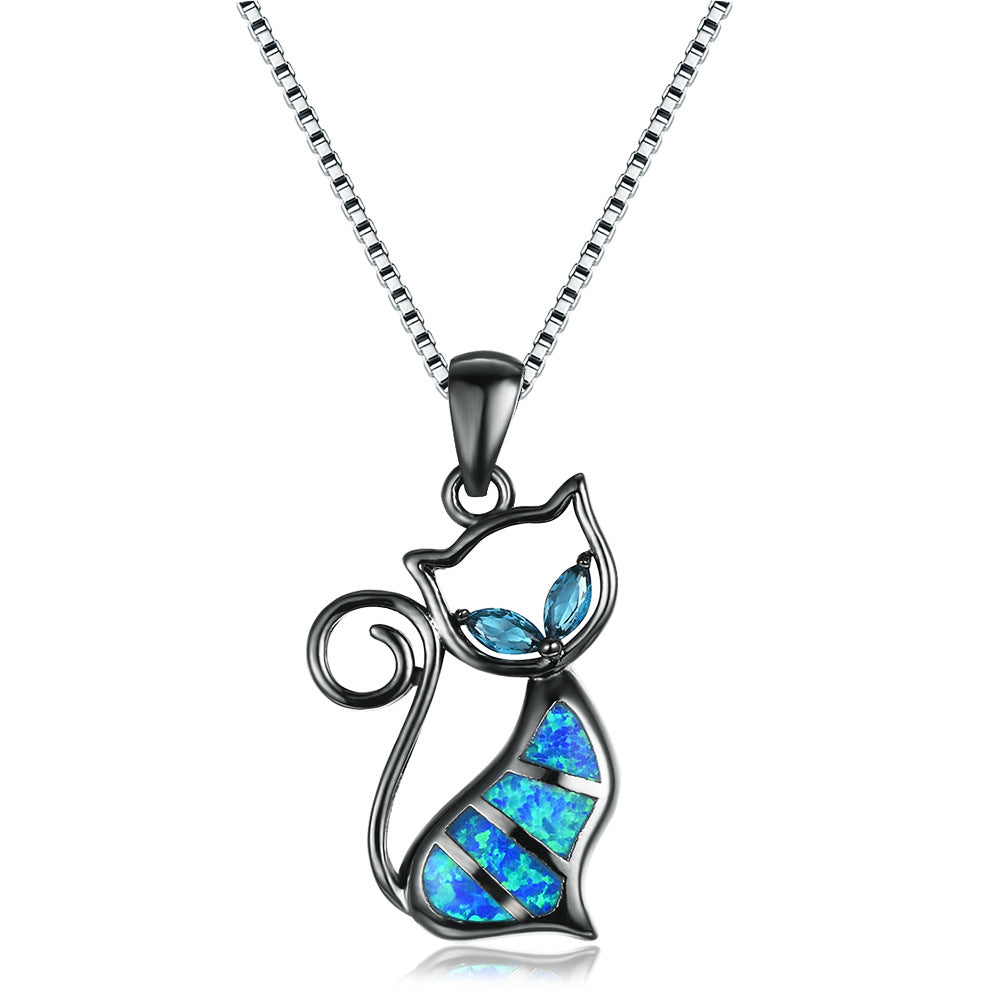 Two aqua diamond and blue Opal cat pendant necklace