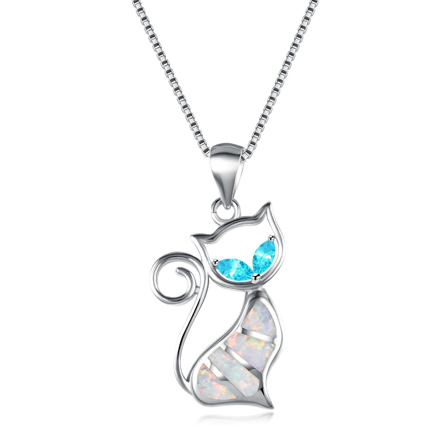 Two aqua diamond and blue Opal cat pendant necklace